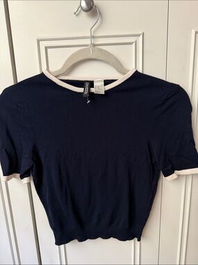 H&M Navy Short-Sleeve Tee with Cream Trim